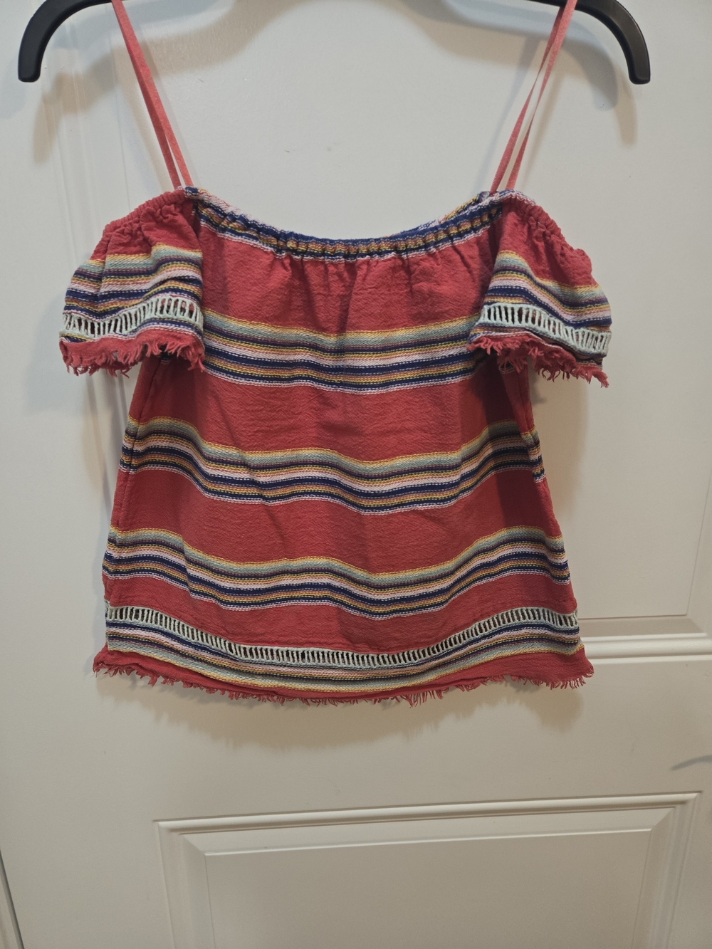dRA Los Angeles XS Red Striped Peasant Off-Shoulder Fringe Hem Blouse Cotton
